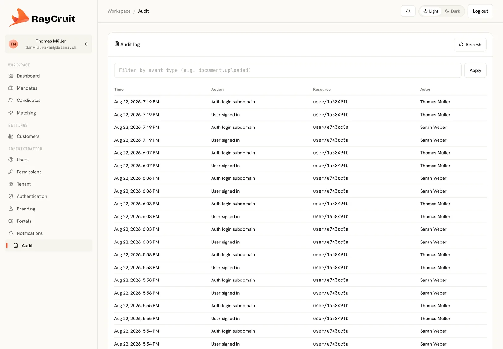 Audit log listing timestamped events with action, resource and acting user, including sign-ins, uploads and notification dispatches.
