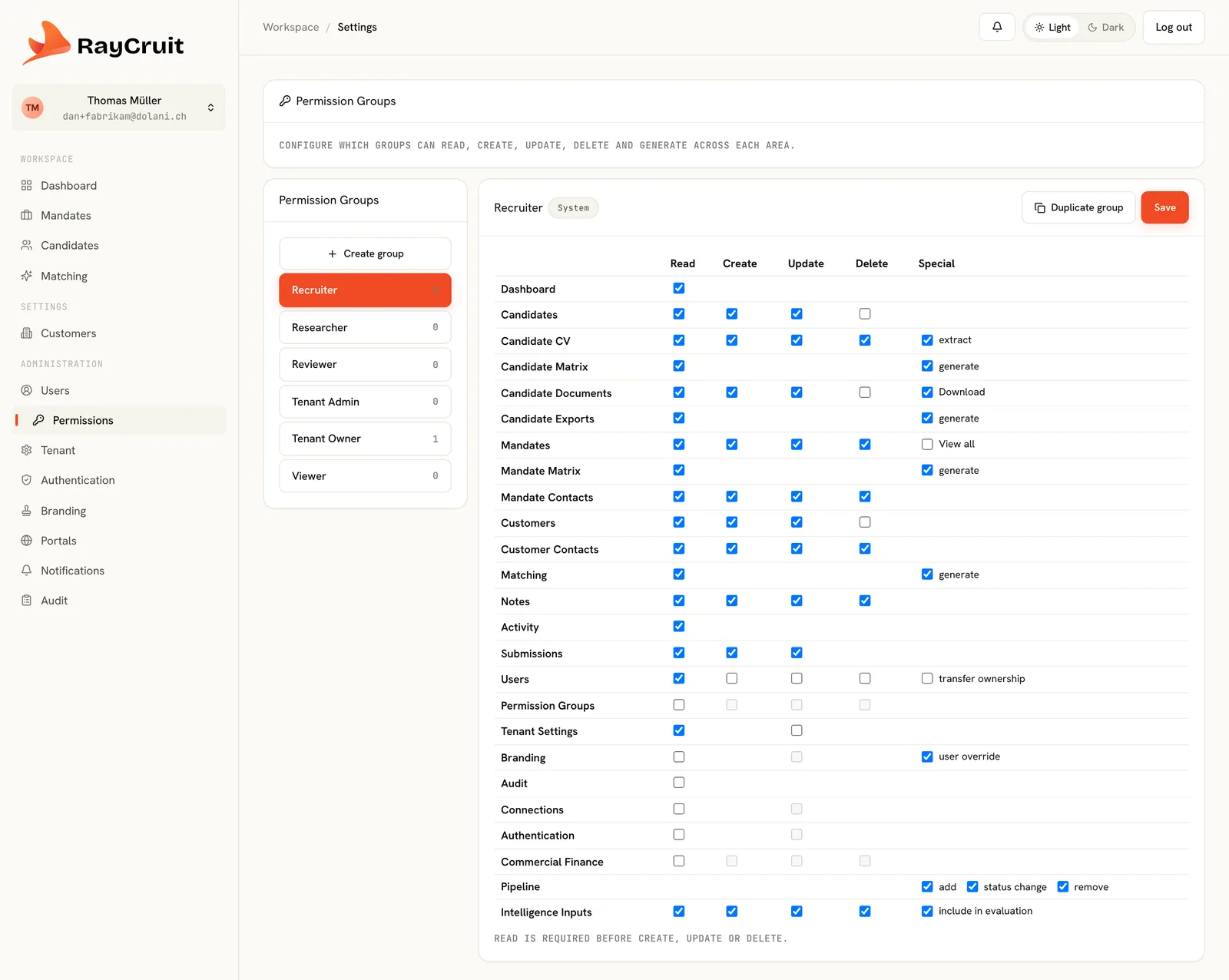 Permission group editor: per-resource read, create, update, delete and special rights across dashboard, candidates, mandates, customers, matching, exports and settings.