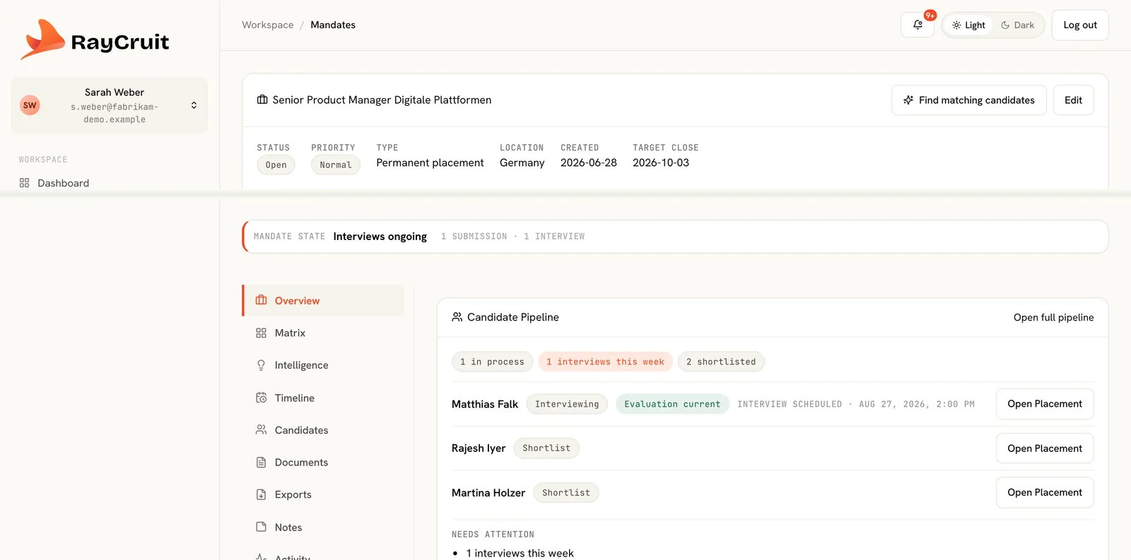 Mandate detail for a Senior Product Manager search: status, commercial type, location, dates, and the candidate pipeline with stage chips and per-candidate rows.