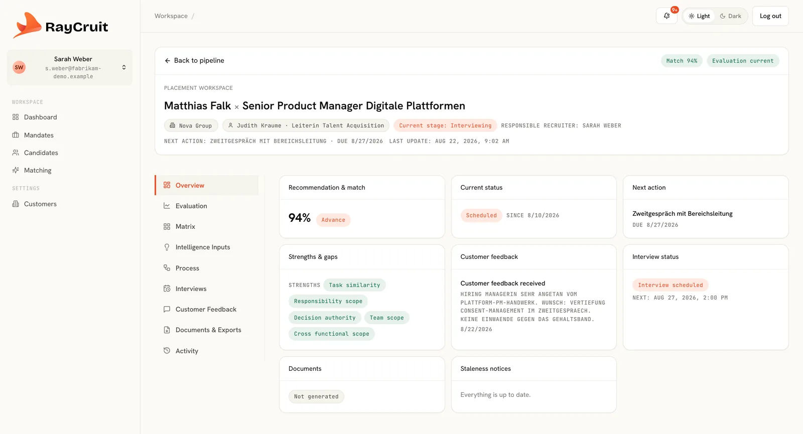 Placement Workspace for one candidate paired with one mandate: match 94 percent, current status, next action, strengths and gaps, client feedback and interview status.